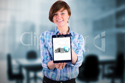Composite image of portrait of smiling woman showing tablet computer