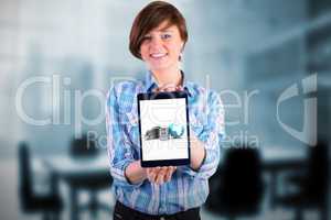 Composite image of portrait of smiling woman showing tablet computer