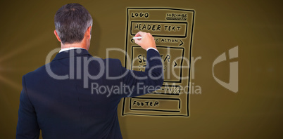 Composite image of rear view of businessman writing with chalk