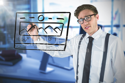 Composite image of geeky businessman writing with marker