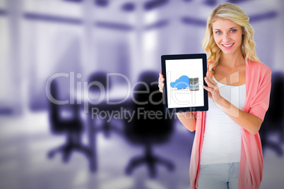 Composite image of young pretty student showing tablet pc