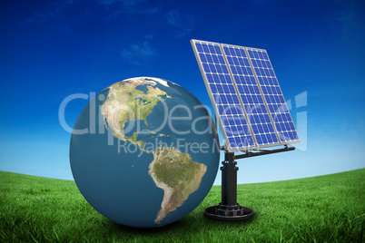 Composite image of digitally generated image of 3d globe and solar equipment