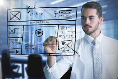 Composite image of cheerful businessman writing with marker