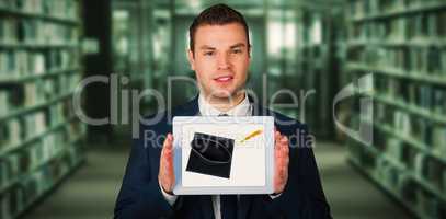 Composite image of businessman showing tablet pc screen