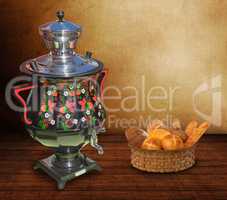 Still life: a beautiful samovar on the table, and a wicker baske