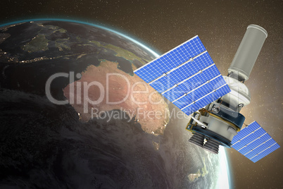 Composite image of 3d image of modern solar power satellite against white background