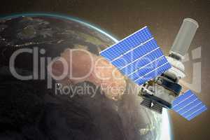 Composite image of 3d image of modern solar power satellite against white background