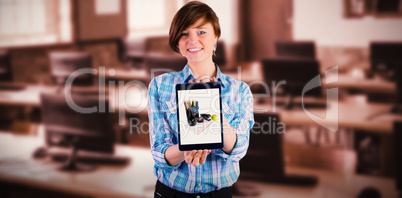 Composite image of portrait of smiling woman showing tablet computer