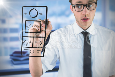 Composite image of geeky businessman writing with marker