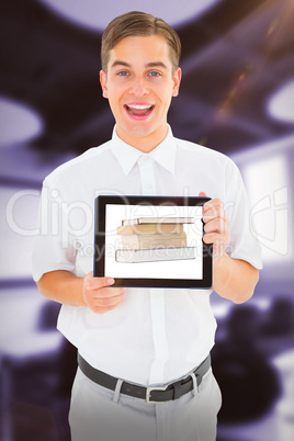 Composite image of geeky businessman showing his tablet pc