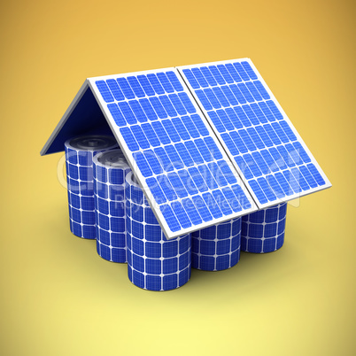 Composite image of 3d image of model house made from solar panels and cells