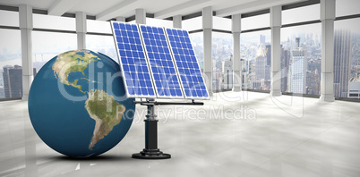 Composite image of digitally generated image of 3d globe and solar panel