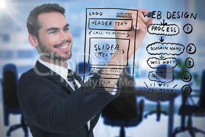 Composite image of smiling businessman writing with black marker