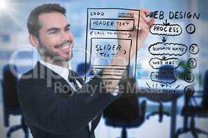 Composite image of smiling businessman writing with black marker