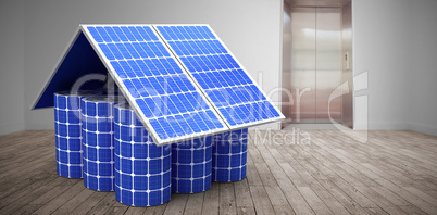 Composite image of 3d image of model home made from solar cells and panels