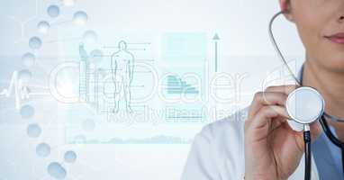 Digital composite image of female doctor with stethoscope by diagrams and graphs in background