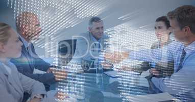 Business meeting with behind blue map graphic overlay against grey background