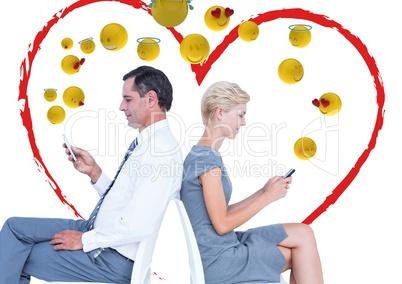 Couple speaking with the mobile and feeling love. Emoji.