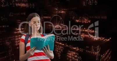 Female student reading book black background with equations