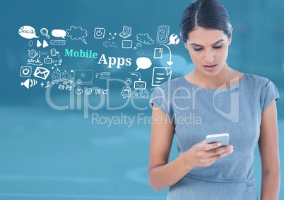Woman with phone and Mobile Apps text with drawings graphics