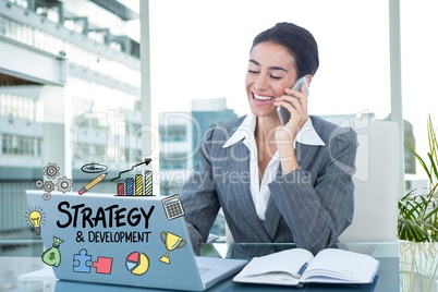 Digitally generated image of businesswoman using mobile phone and laptop with strategy diagram in of