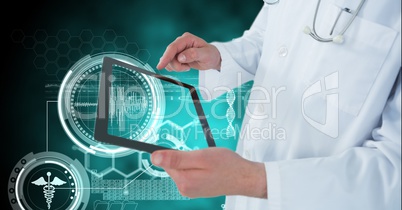 Digital composite image of doctor using digital tablet by medical symbols
