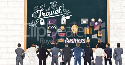 Digital composite image of business people looking at travel icon on chalkboard