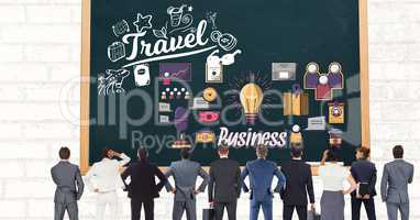 Digital composite image of business people looking at travel icon on chalkboard