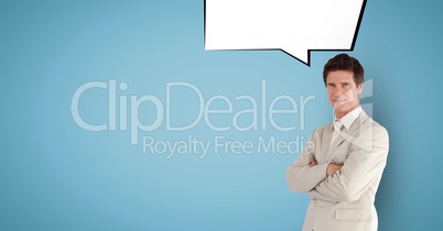 Digitally generated image of businessman with speech bubble against blue background