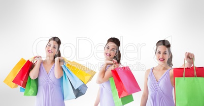 Multiple image of woman holding shopping bags against white background