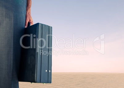 Businessman with briefcase with pink sky