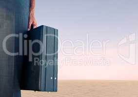 Businessman with briefcase with pink sky