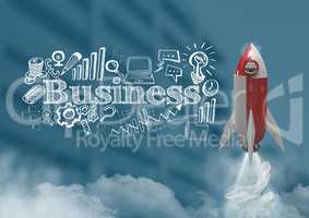 3D Rocket flying over buildings and Business text with drawings graphics