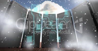Digitally generated image of servers with various icons in sky