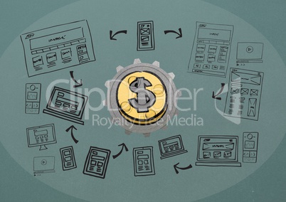 3D cog about money with graphic about blogging