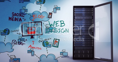 Digital composite image of computer with text and icons by servers
