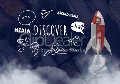 3D Rocket flying over city with Discover text with drawings graphics