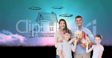 Digitally generated image of family and dog with house drawn in  sky