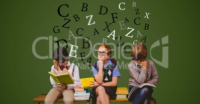 Digital composite image of students with books and flying letters