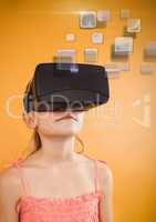 Girl wearing VR Virtual Reality Headset with Interface