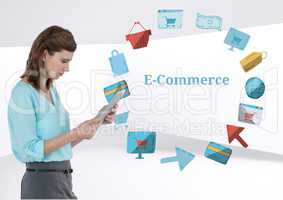 Woman with tablet and E-commerce text with drawings graphics