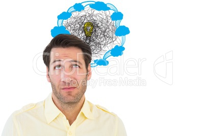 Confused businessman looking light bulb amidst clouds icon