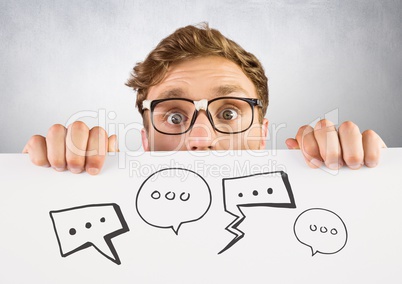 Man holding card with speech bubble graphics drawings