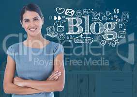 Woman with Blog text with drawings graphics