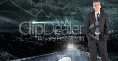 Digital composite image of confident businessman standing against futuristic screen with graphs and