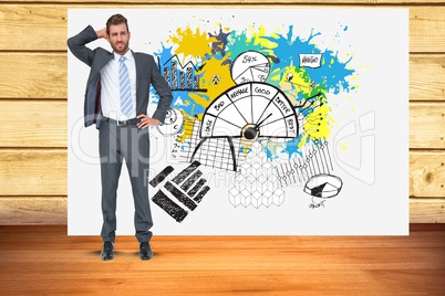Confused businessman with growth chart in background