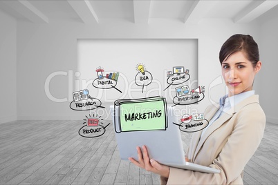 Confident business woman using laptop with marketing signs and icons in front
