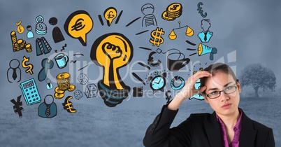 Digital composite image of confused businesswoman with icons