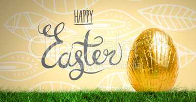 Happy Easter text with Easter Egg in front of leaf pattern