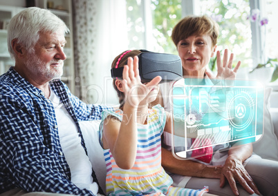 Child wearing VR Virtual Reality Headset with Interface with Grandparents